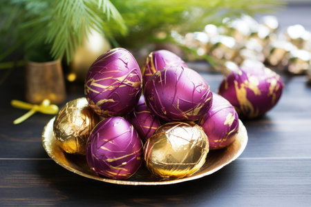 chocolate easter eggs with gold foil wrapping, created with generative aiの素材