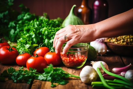 finger pointing the ingredients of homemade fermented salsa, created with generative aiの素材