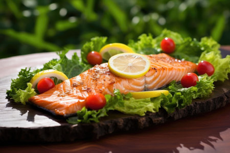 glazed salmon steak on a bed of greens, created with generative aiの素材