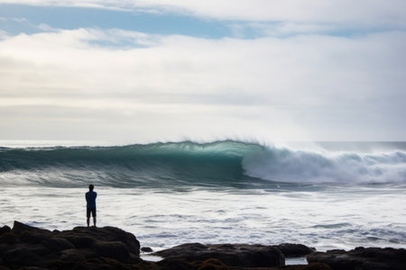 shot from behind of a surfer watching a large wave approach, created with generative aiの素材