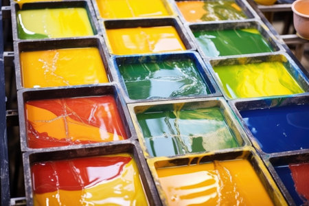 image of colorful ceramic tiles being glazed, created with generative aiの素材
