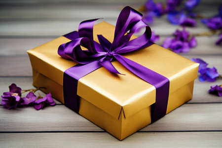 a singular gold gift box with a purple ribbon, created with generative aiの素材
