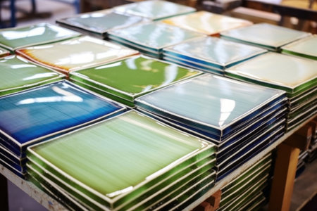 newly made glass tiles on drying racks, created with generative aiの素材