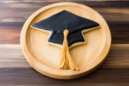 graduation cap shaped cookie on a wooden board, created with generative aiの素材