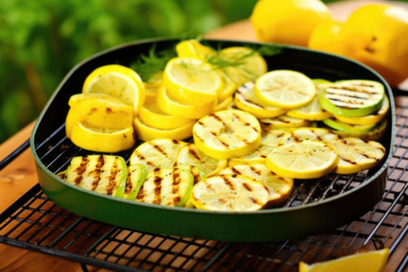 sliced zucchini and yellow squash grilling in basket, created with generative aiの素材