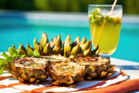grilled artichokes with dip, set on the edge of a pool in sunlight, created with generative aiの素材