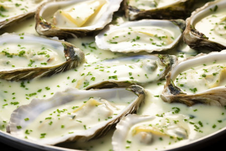 close-up of grill marks on oysters with garlic sauce, created with generative aiの素材