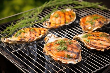 grilled oysters on wire rack, glossy garlic sauce, fresh herbs, created with generative aiの素材