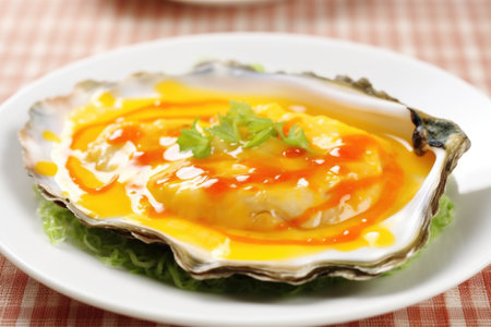 detail of a single grilled oyster with garlic sauce, created with generative aiの素材