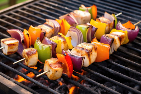 high angle view of swordfish kebabs on a barbecue pit, created with generative aiの素材