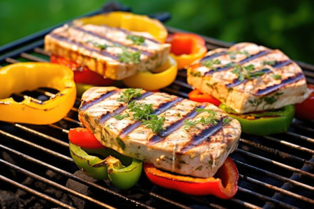 close-up of grilled tofu steaks with bell peppers and lemon zest, created with generative aiの素材