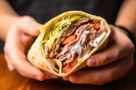 hand holding a gyros with a bite mark, created with generative aiの素材