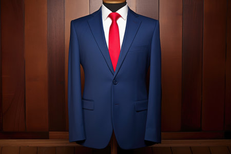 blue corporate suit with a red tie, laid flat, created with generative aiの素材