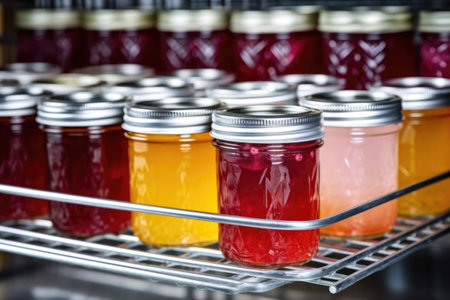 jars of jelly inside of a cooling canner rack, created with generative aiの素材