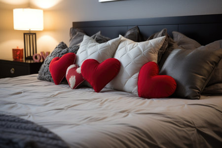 bed with decorative heart-shaped pillows, created with generative aiの素材