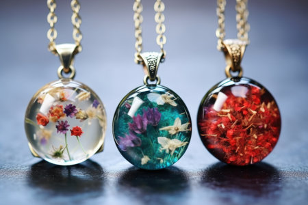 details of necklace pendants on workspace, created with generative aiの素材