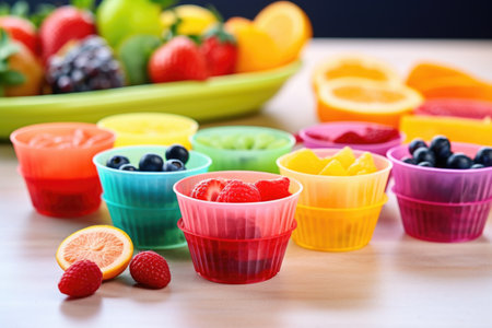 sliced fruits in colorful silicone muffin cups, created with generative aiの素材