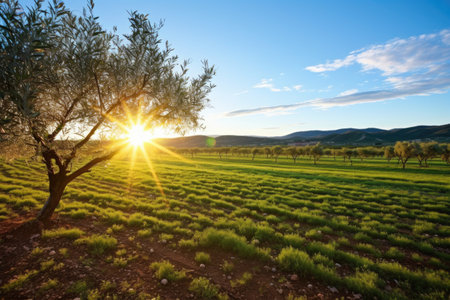 scenic olive grove with a sunrise in the background, created with generative aiの素材