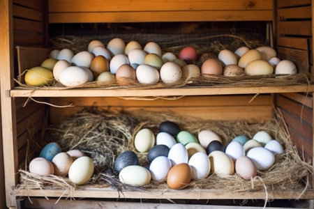 collection of eggs in nests inside the coop, created with generative aiの素材