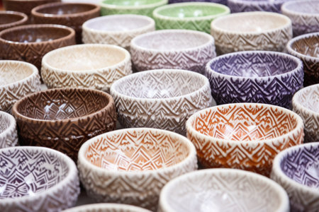 porcelain bowls with various patterns waiting for glaze, created with generative aiの素材