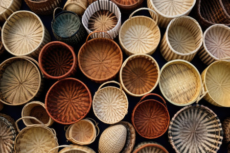 overhead shot of a collection of baskets in different sizes, created with generative aiの素材