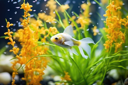 a goldfish swimming among bright aquarium plants, created with generative aiの素材