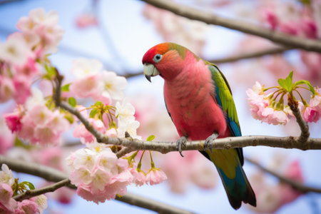 a parrot perched on a blossoming tree, created with generative aiの素材