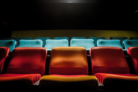 bright theater seats in a row with the middle one highlighted, created with generative aiの素材