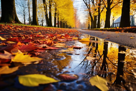 a puddle reflecting the vibrant colors of fall leaves, created with generative aiの素材