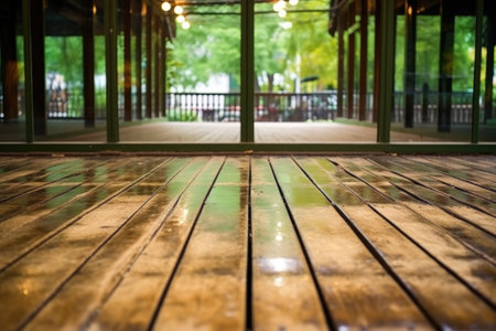 a shot of wooden decking outside the saloon, created with generative aiの素材