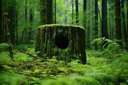 stump in a green forest, rings nestled between growth rings, created with generative aiの素材