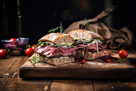 a sandwich on a rustic wooden table, created with generative aiの素材