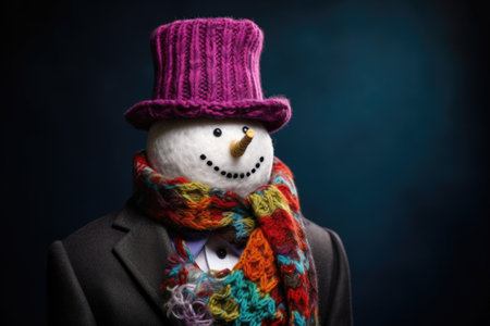 snowman with a colorful woolen scarf and top hat, created with generative aiの素材