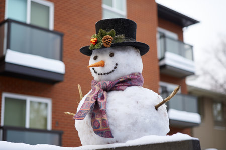 snowman with a top hat, pipe, and snowflake-covered scarf, created with generative aiの素材