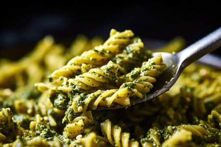 macro shot of pesto-covered spelt pasta on a spoon, created with generative aiの素材