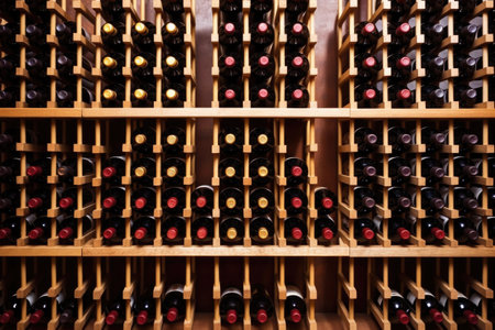 wine bottles stored horizontally in wooden racks, created with generative aiの素材