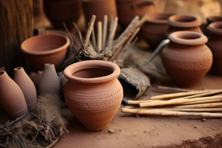 artisans tools scattered around an unfinished clay pot, created with generative aiの素材