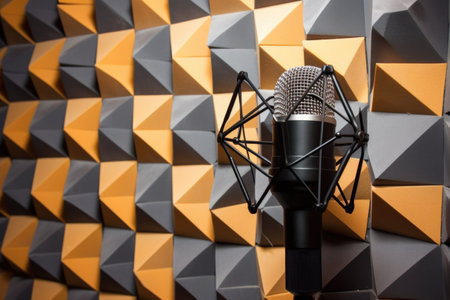 microphone with shock mount against a soundproof foam wall, created with generative aiの素材