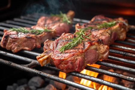 side view of medium-rare lamb chops on a barbecue grill, created with generative aiの素材