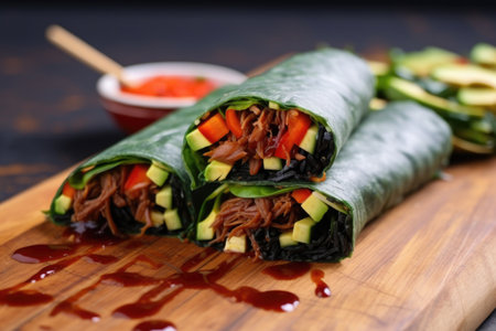 bbq jackfruit filling in a vegan sushi roll, created with generative aiの素材