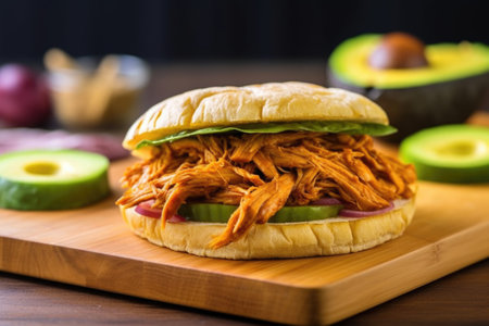 bbq jackfruit inside of a whole wheat bun on a slate board, created with generative aiの素材