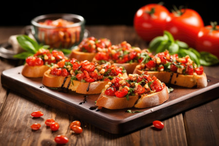 bruschetta with grilled tomatoes on a tray, created with generative aiの素材