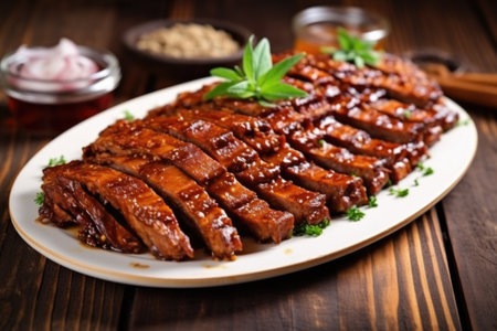 horizontal view of a bbq tempeh ribs dish on oak wood table, created with generative aiの素材