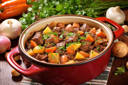 ladling hearty beef stew from pot to serving dish, created with generative aiの素材