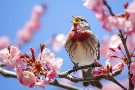 a finch singing from a blossoming cherry tree, created with generative aiの素材