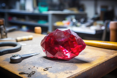 detailed shot of a ruby resting on a workshop table bathed in natural light, created with generative aiの素材
