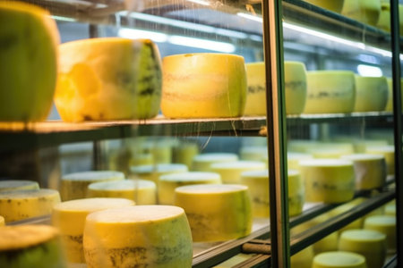 cheeses in the ripening chambers seen through glass, created with generative aiの素材