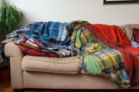 couchsurfing setup with pillow and blanket on sofa, created with generative aiの素材