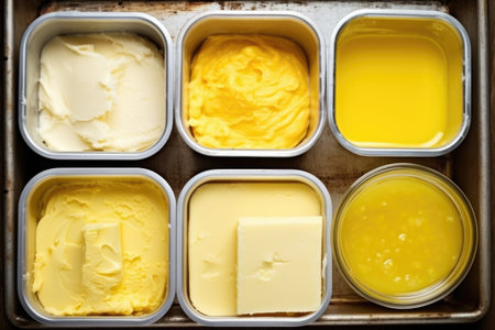 overhead shot of freshly churned butter in containers, created with generative aiの素材