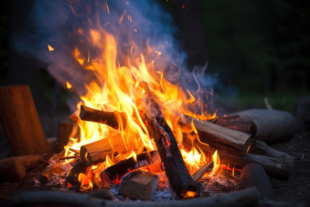 smokey campfire with flames leaping up in the night, created with generative aiの素材
